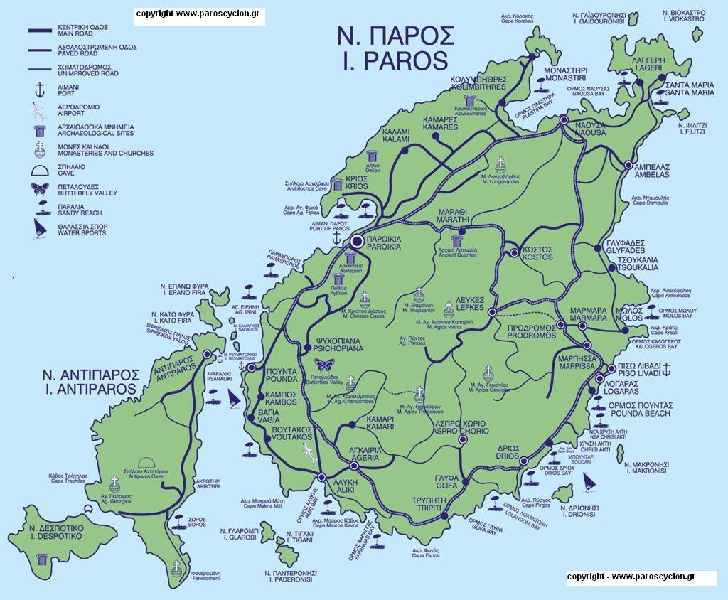 Paros map, Paros plattegrond