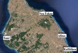 Plattegrond van Kallithea op het Kassandra schiereiland schiereiland in Halkidiki