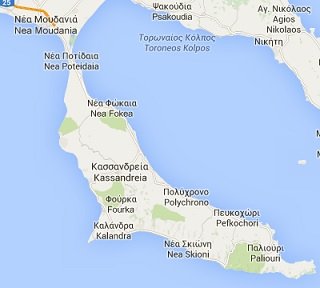 plattegrond van het Kassandra schiereiland in Halkidiki