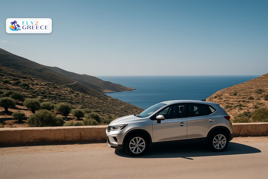 A hire car on a quiet Greek island road
