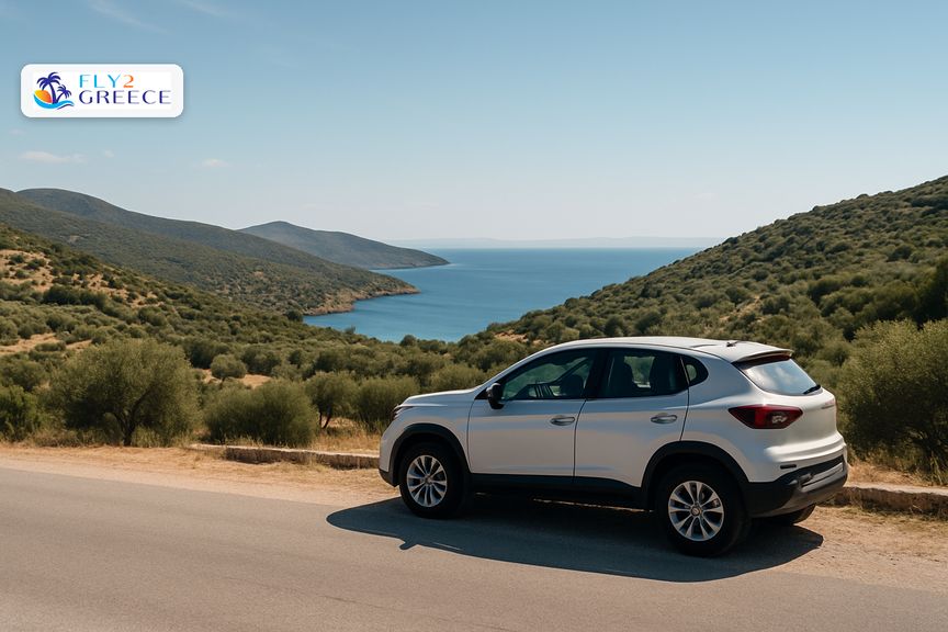 A hire car on a quiet Greek island road
