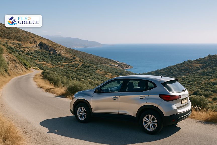 A hire car on an open road through the sun-baked Greek countryside