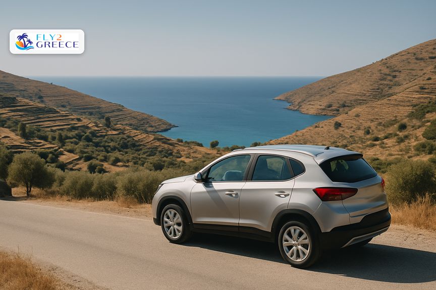A hire car on a quiet Greek island road