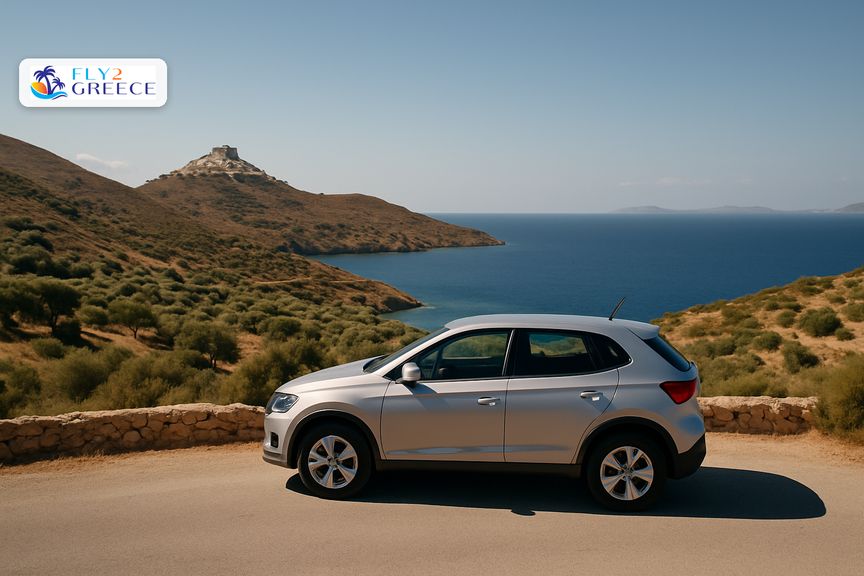 A hire car on a quiet Greek island road