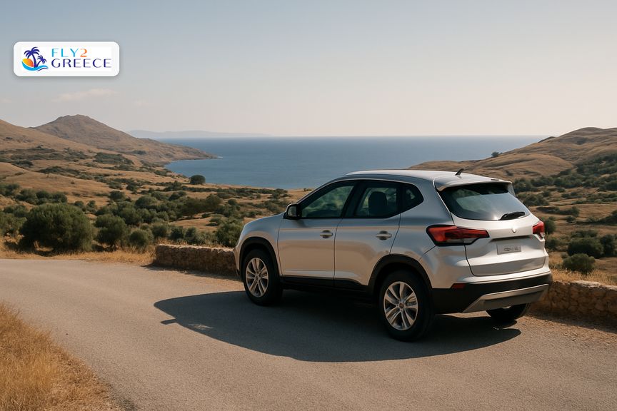 A hire car on a quiet Greek island road