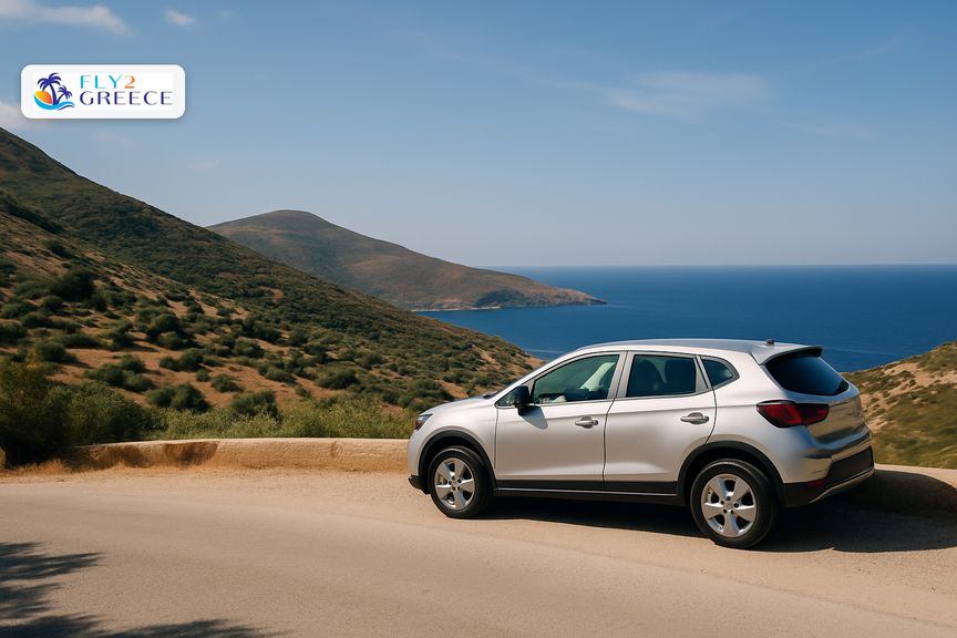 A hire car on a quiet Greek island road