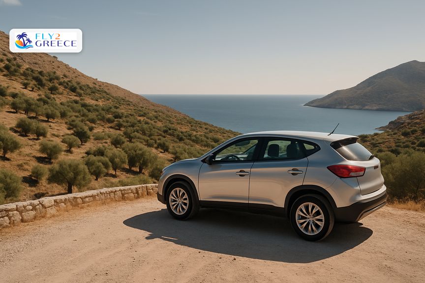 A hire car on a quiet Greek island road