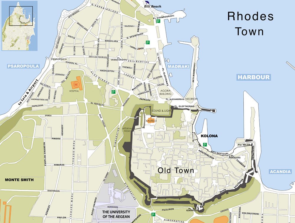 Rhodes town map, Rhodos plattegrond
