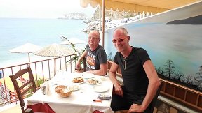 Restaurants on the main beach of Agia Pelagia, Crete