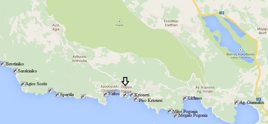 Map of the beaches around Parga, Epirus, Greece