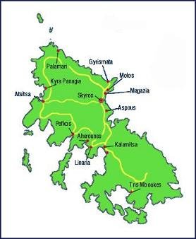 map of Skyros Greece, plattegrond van Skyros Griekenland, copyright Mealos Apartments
